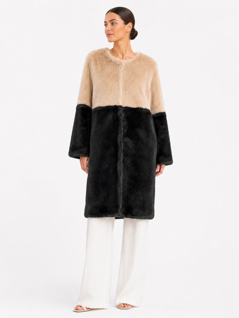 JOVONNA LONDON CREAM BLACK COLORBLOCK FAUX FUR JACKET COAT - 8 (12UK)